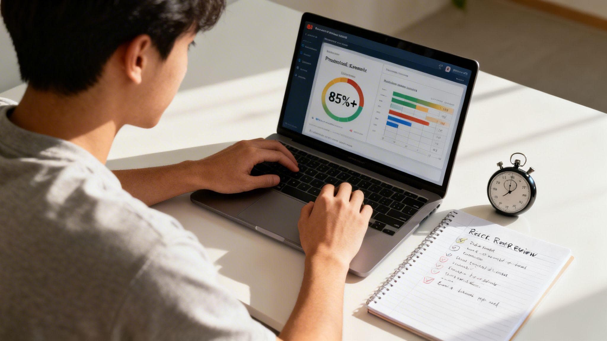 A member checking their performance dashboard on a laptop
